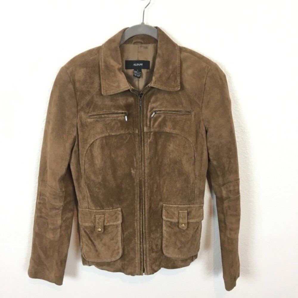 Tan Caramel Suede Leather Zip Front Long Sleeve Short Jacket Size M Alfani Women